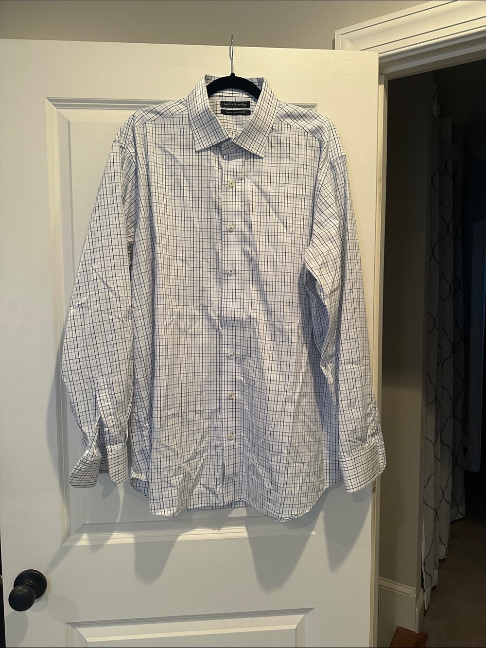 Saks Fifth Avenue Men's Checked Dress Shirt - Light Blue/White size 18 x 36/37